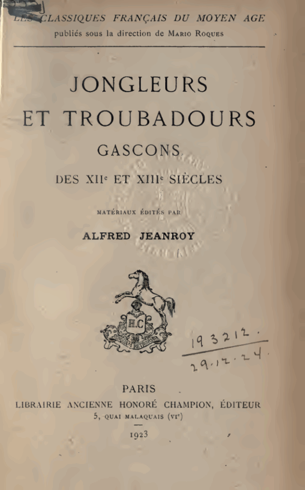 Jongleurs et troubadours gascons des XIIe et XIIIe siècles